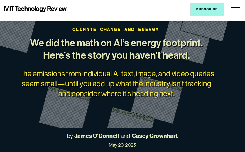 A screenshot of an MIT Technology Review story about the energy demands of AI.