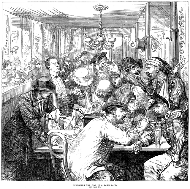 An engraving called 'discussing the war in a Paris cafe'