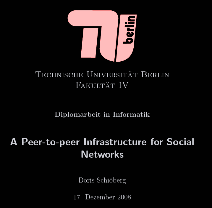A screenshot of Doris Schioberg's 2007 thesis, 'A Peer-to-peer Infrastructure for Social Networks'