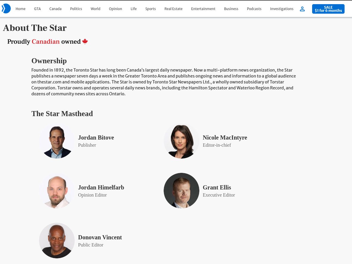 A screenshot of the Toronto Star's about page
