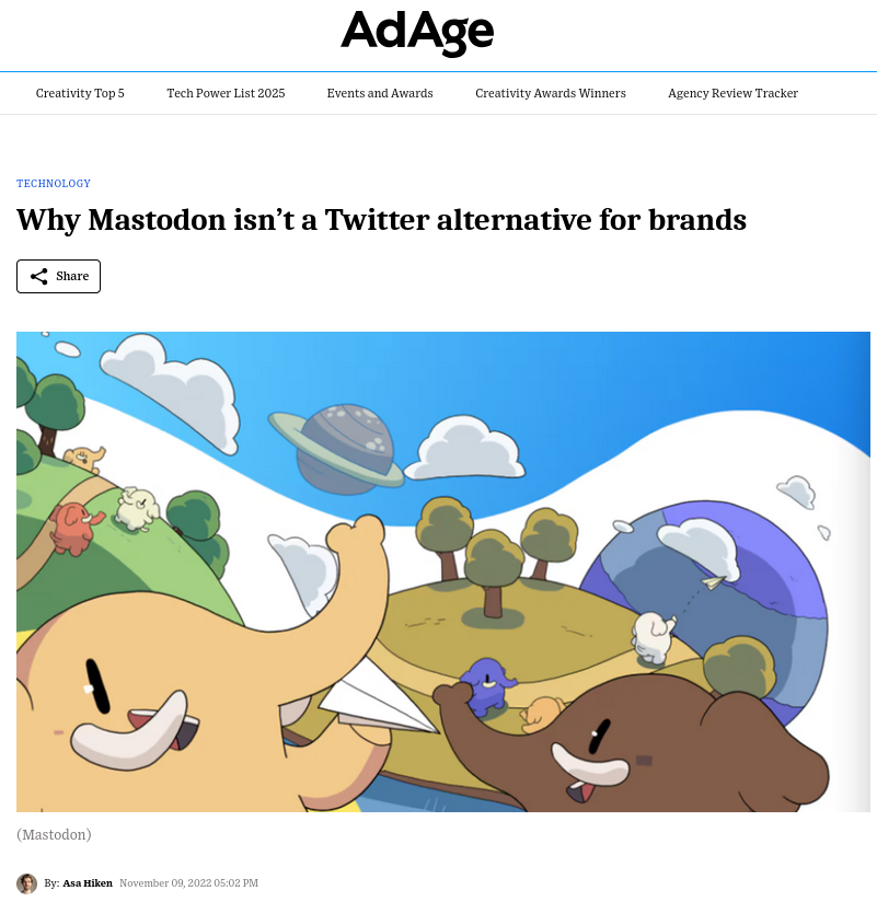 A screenshot of an article in Ad Age explaining that Mastodon is not good for brands.