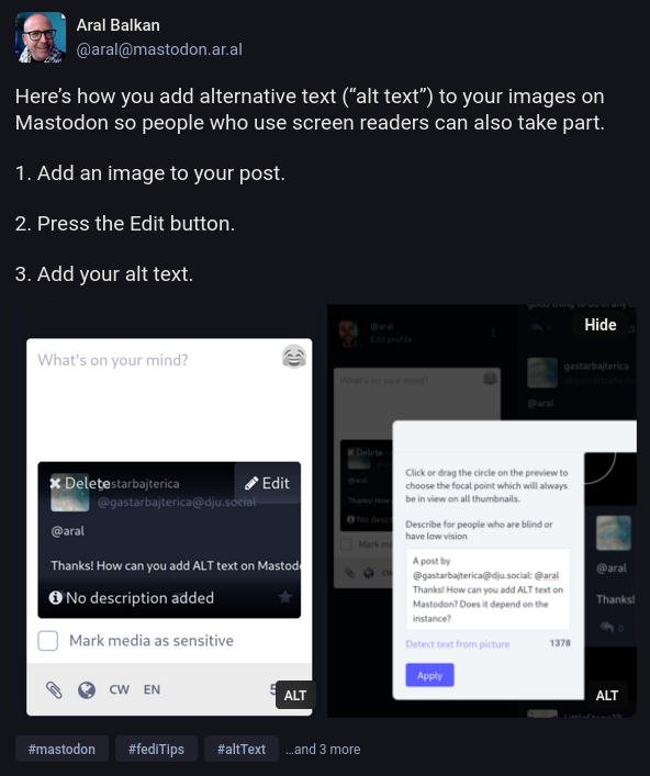 A screenshot of Aral Balkan's guide to adding alt text