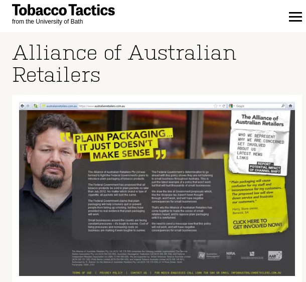 An article by University of Bath, discussing the Phillip-Morris created group Alliance of Australian Retailers
