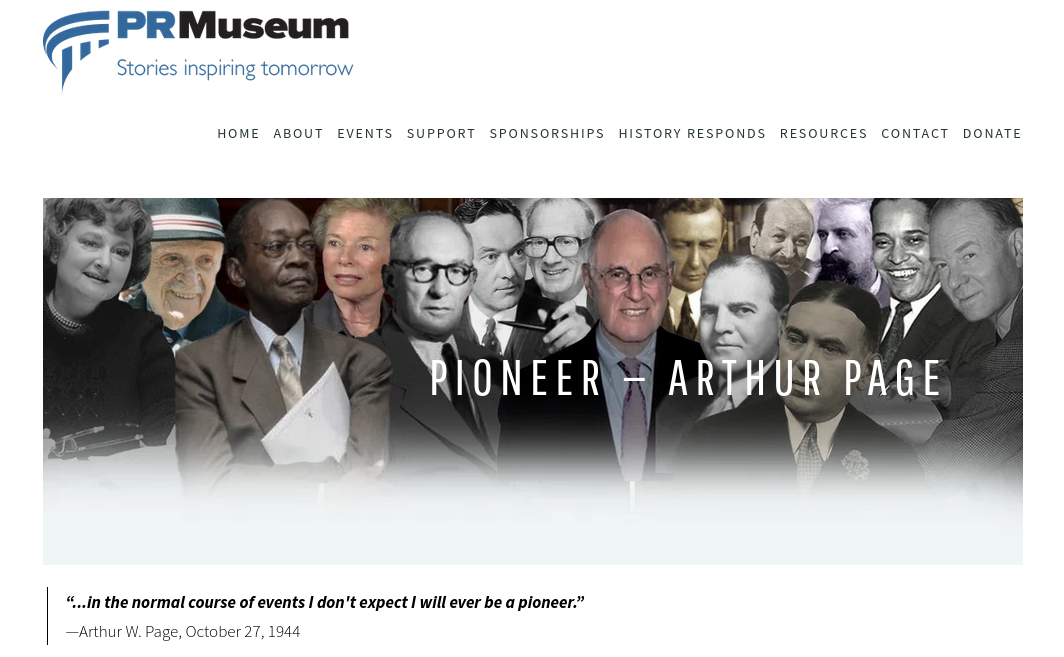 A screenshot of the PR Museum's page on Arthur Page, referred to as a 'Pioneer of PR'