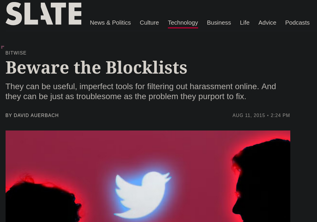 A screenshot of a Slate story about the dangers of Twitter blocklists