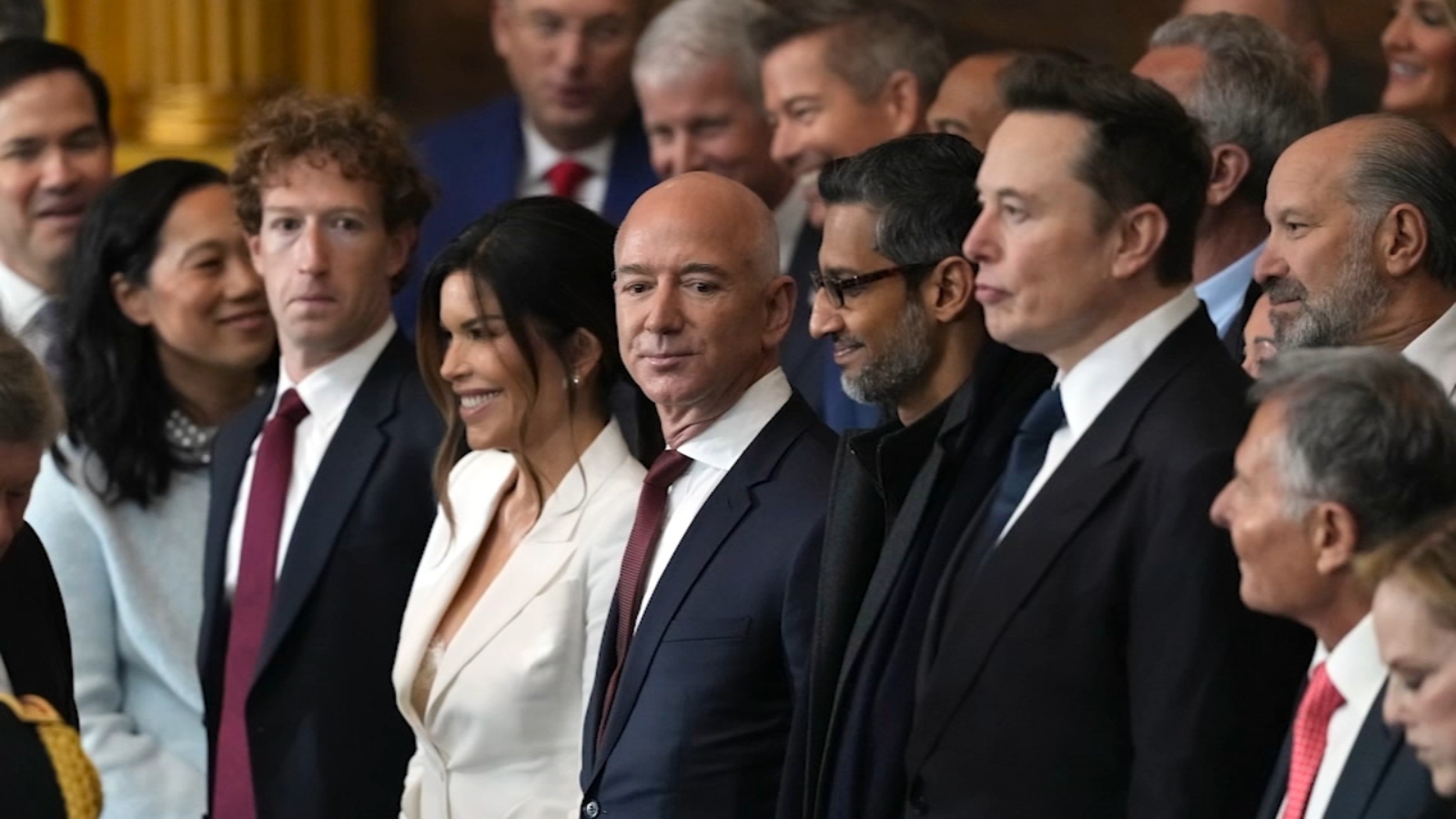 A photo of Jeff Bezos, Mark Zuckerberg, Sundar Pichai, and
Elon Musk at Trump's second inauguration 