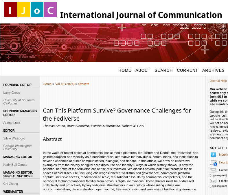 A screenshot of Struett et al's article in the International Journal of Communication, titled, 'Can This Platform Survive? Governance Challenges for the Fediverse'