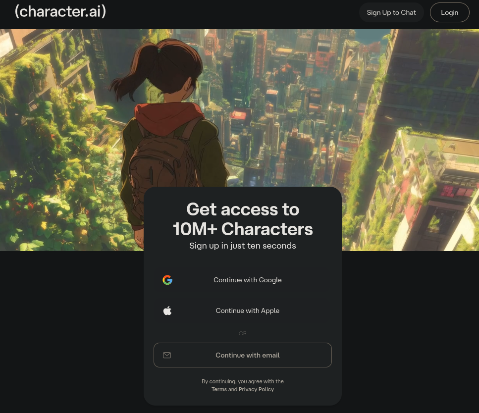 the homepage of Character.ai
