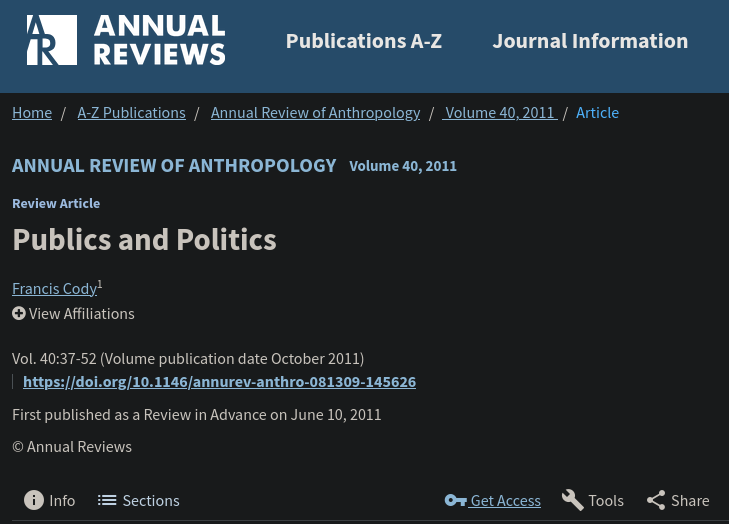 A screenshot of Cody Francis's Annual Review of Anthropology article, 'Publics and Politics'
