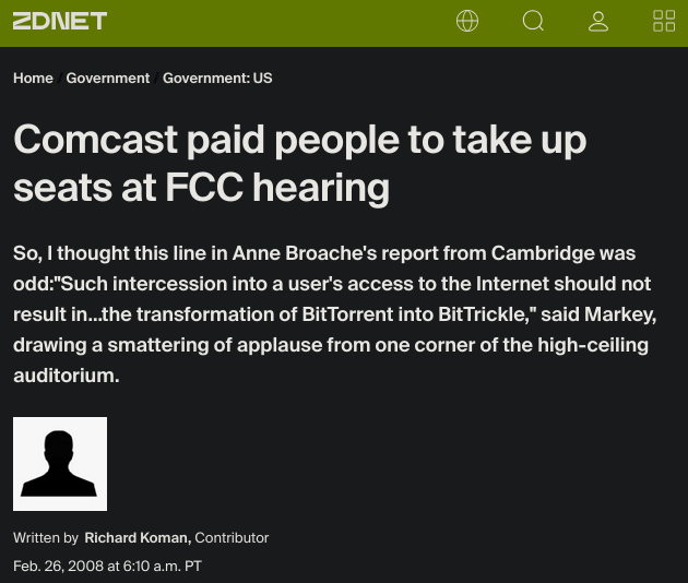 An article the cable company Comcast paying people to take up seats at an FCC hearing
