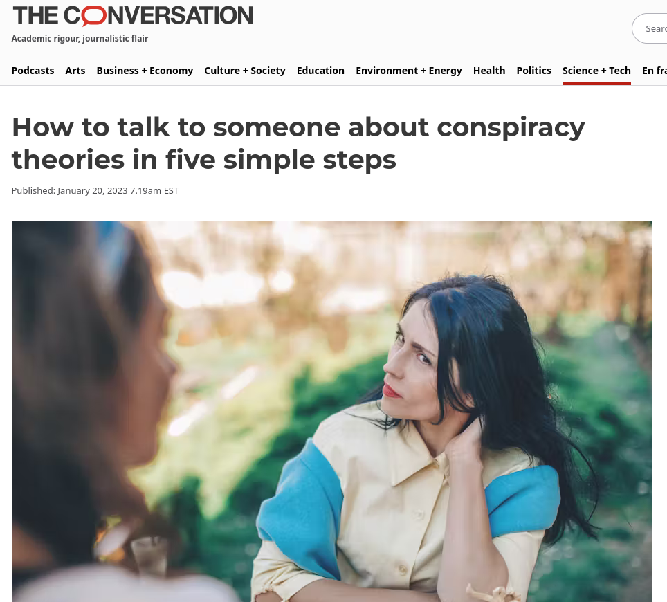 a screenshot of The Conversation, an article about talking to conspiracy theorists