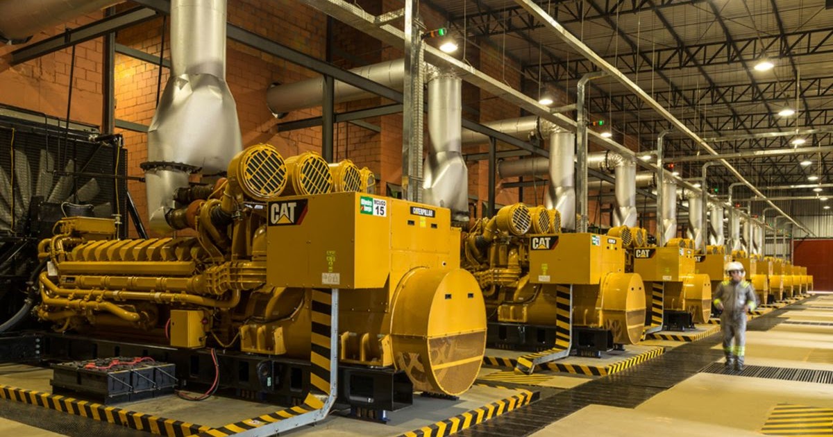 A row of Caterpiller diesel generators at a data center.
