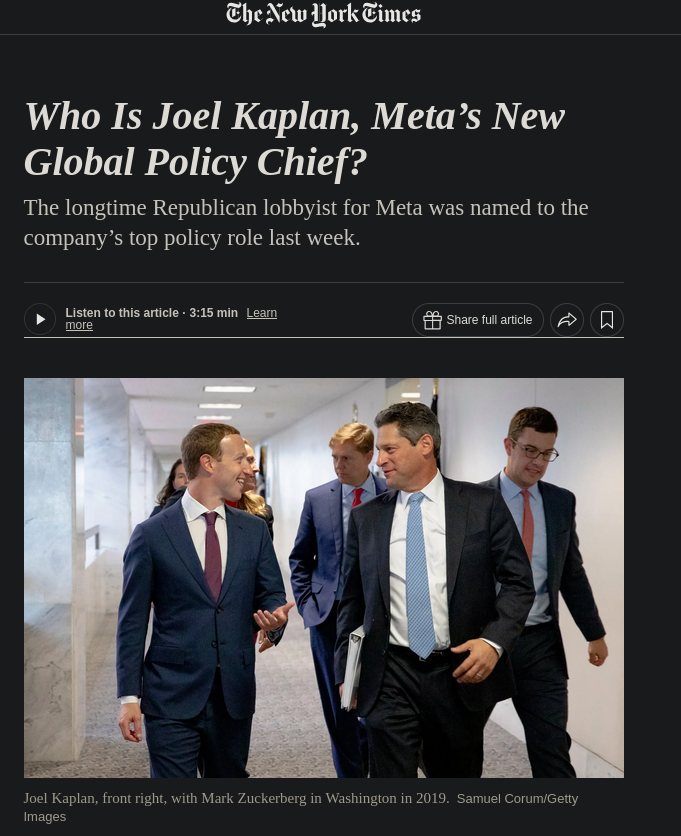 A New York Times story about Joel Kaplan, the head of Facebook's Global Policy
