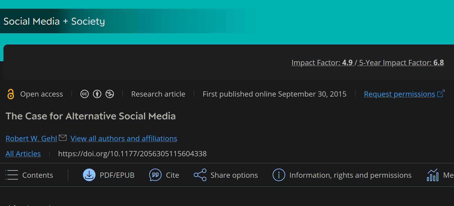 a screenshot Robert Gehl's article 'The Case for Alternative Social Media
