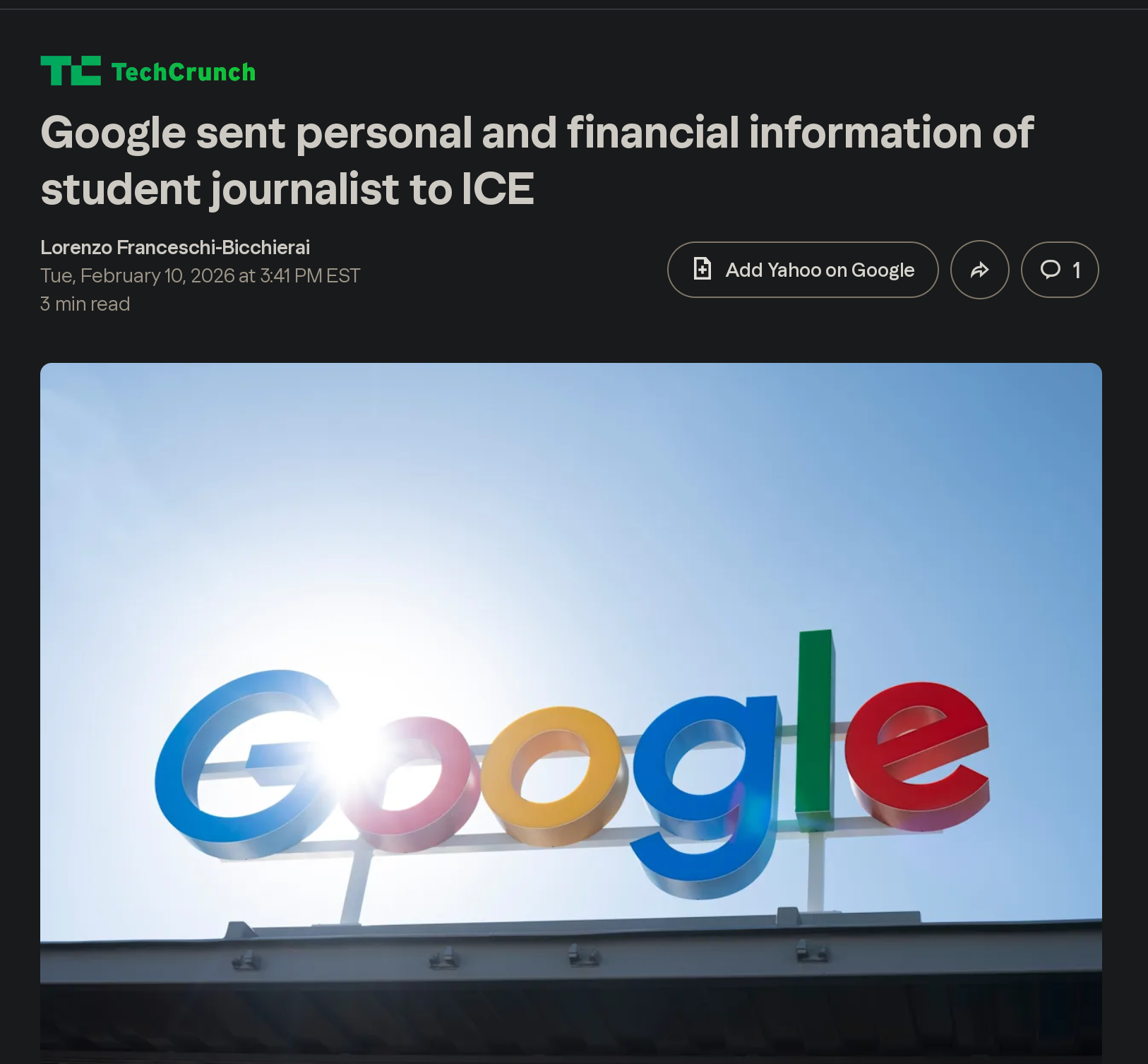 A Techcrunch story about Google handing data to ICE