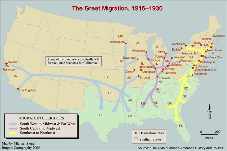 A map of the US showing migration patterns of Black folks from the South to many Northen US cities.