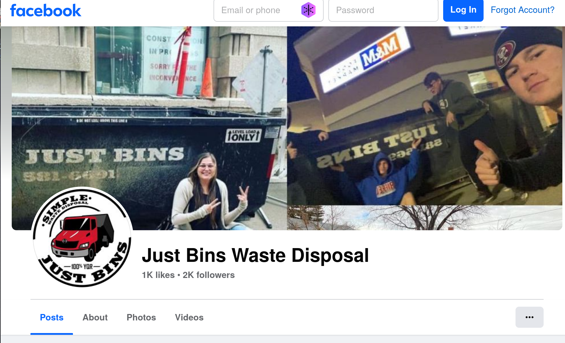 A screenshot of the Facebook page of Justbins, a garbage bin company in Regina, SK