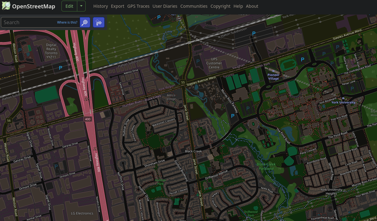 An Open Street Map with York University at the center