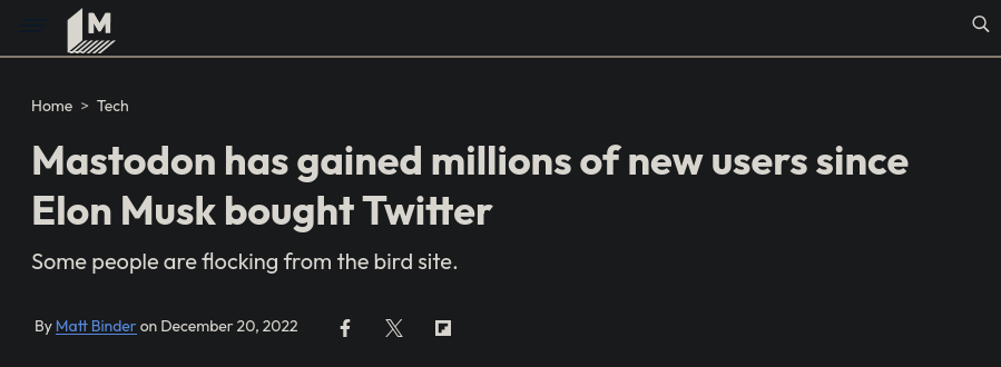 a news story from Mashable in 2022 about Mastodon's growth