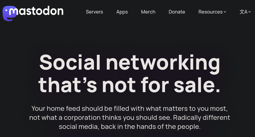 A screenshot of Mastodon's homepage, saying it is not for sale.
