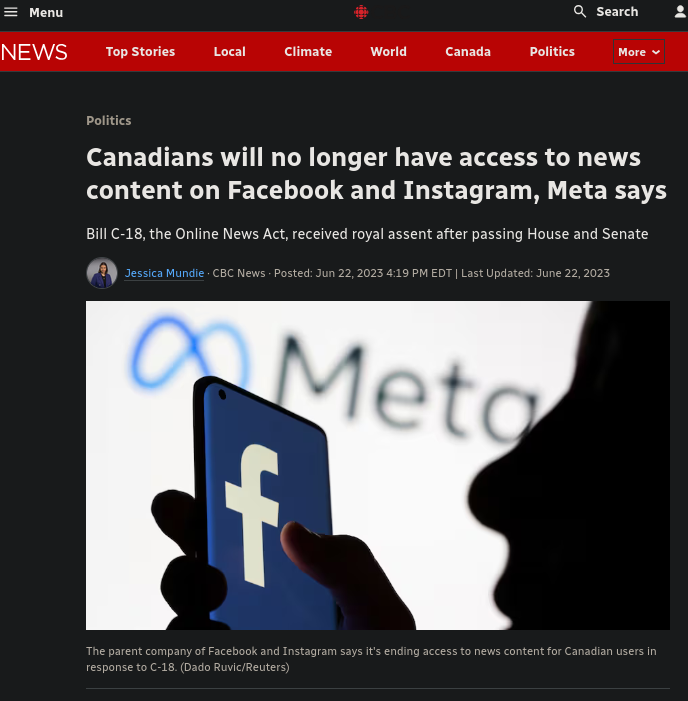 A CBC article about Meta's ban on Canadian news sharingc