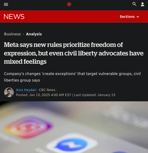 a CBC story about Meta's content moderation rule changes