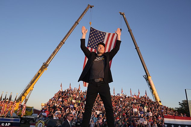 Elon Musk jumping with an American flag in the background