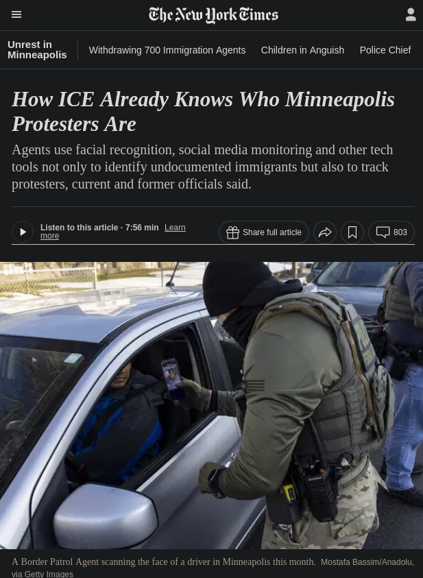 New York Times reporting on how ICE uses social media to surveil protestors