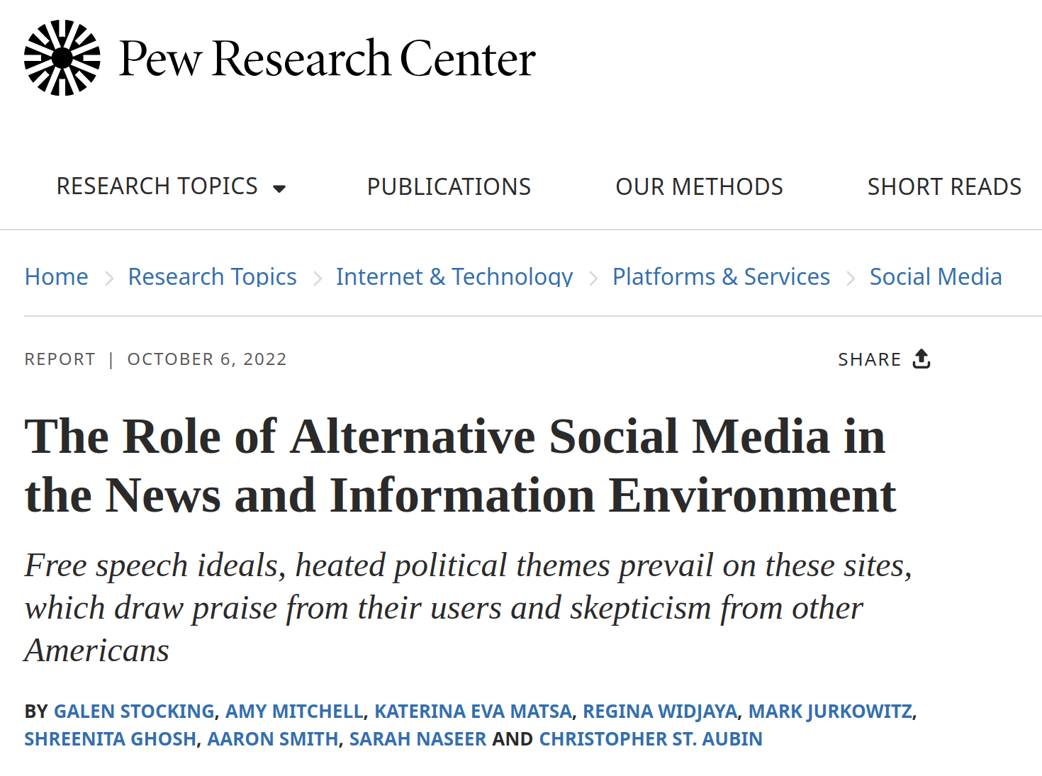 a screenshot of a Pew Research study about alternative social media