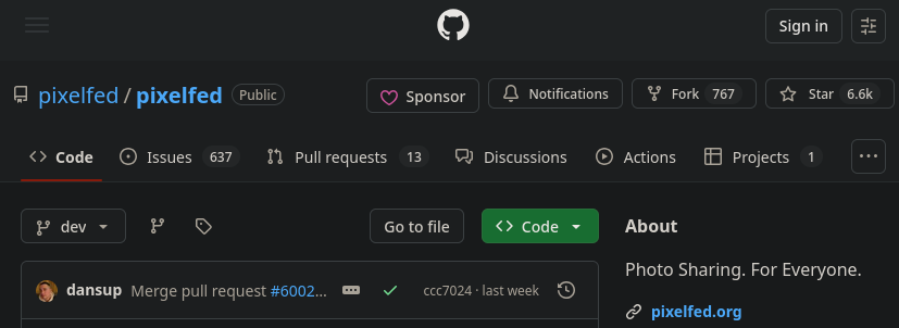 A screenshot of Pixelfed's Github repository.