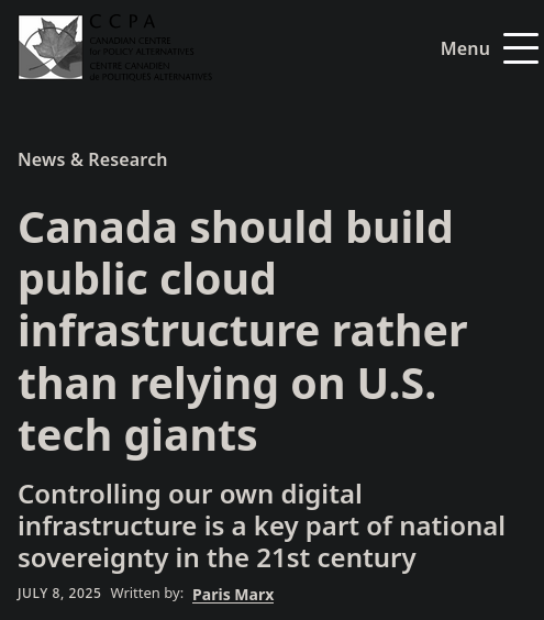 An article about Canadian digital sovereingty from Policy Alternatives.
