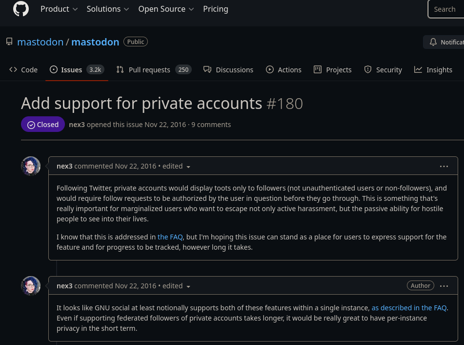 A screenshot of a 2016 discussion about private accounts on Mastodon