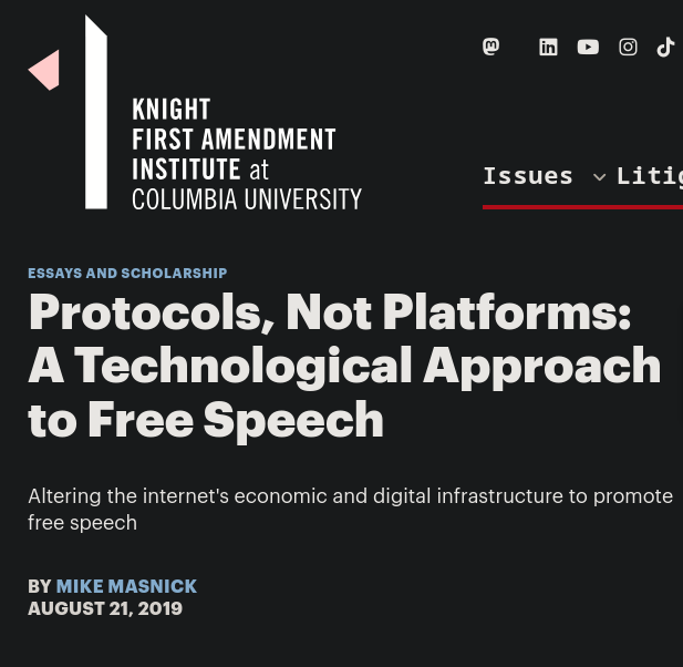 The 'Protocols, Not Platforms' article by Mike Masnick