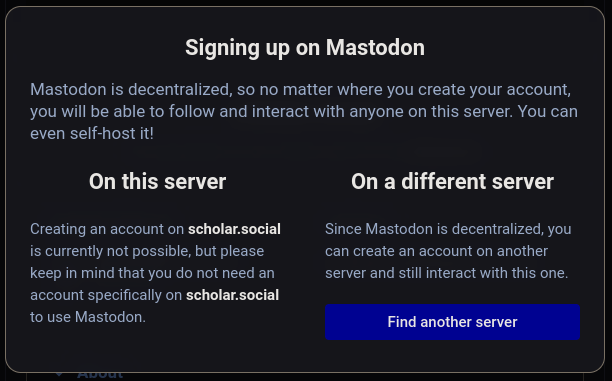 Scholar.social's page saying that registration is closed.