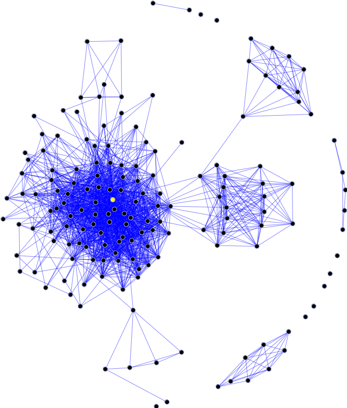 A rudimentary social graph, with nodes in black and edges in blue, on a white background.