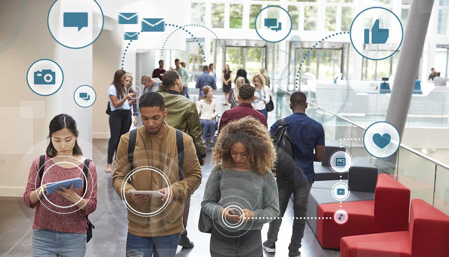 People using phones, and their conversations are converted into social media icons.