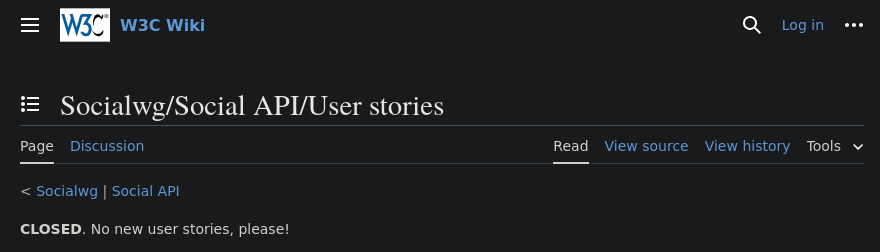 A screenshot of the Social Web Working Group's collection of user stories.