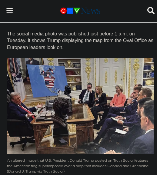 Donald Trump in front of a map of North America with Canada and Greenland marked as part of the USA.