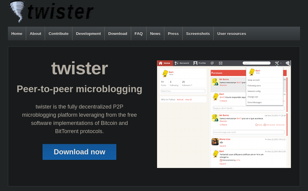 A screenshot of the homepage for Twister.