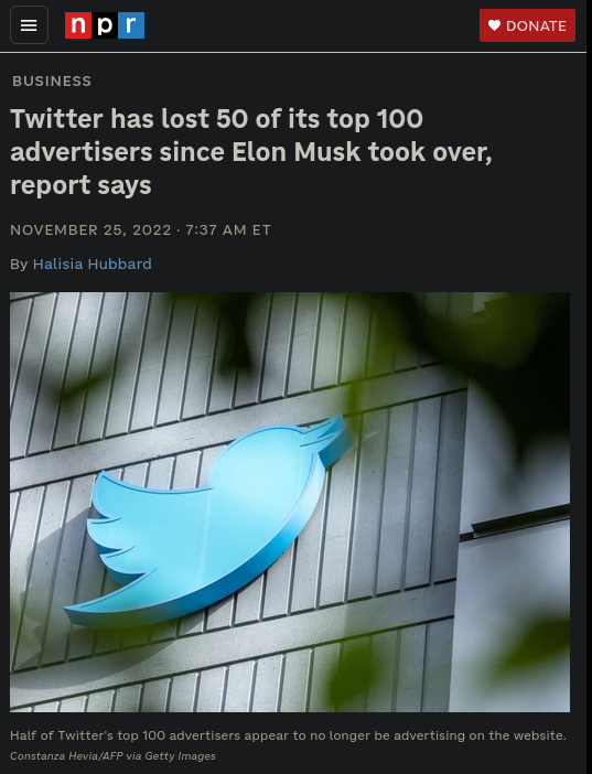 An NPR story about advertisers leaving Twitter after Musk's purchase