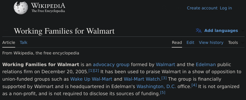 The Wikipedia English page for the Working Families for Walmart astroturf campaign, run by the PR firm Edelman